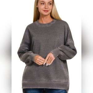 Black ACID WASH FLEECE HI-LOW HEM PULLOVER